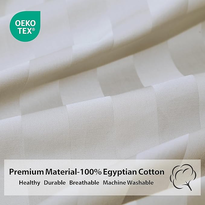 Twin XL Size Striped Fitted Sheet Only Light Beige Color, 100% Egyptian Cotton - Image 3
