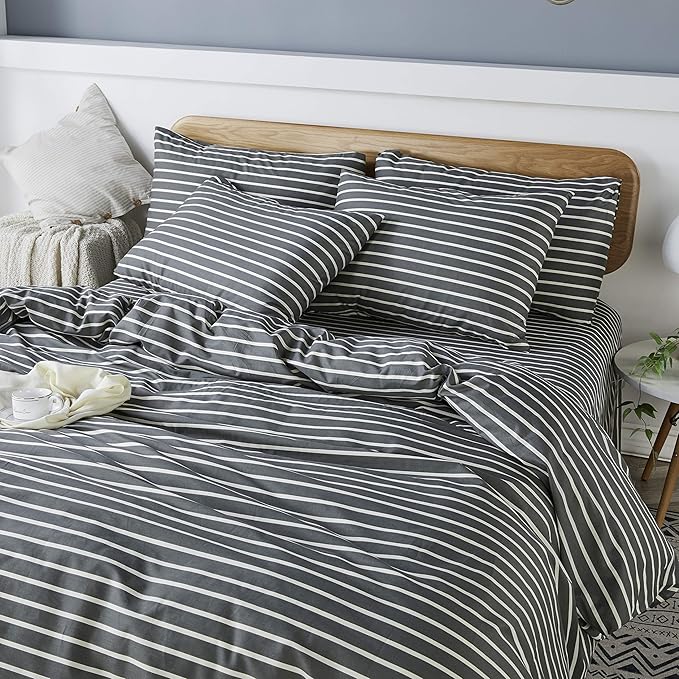 JELLYMONI 100% Natural Cotton 3pcs Striped Duvet Cover Sets, Dark Grey - Image 2