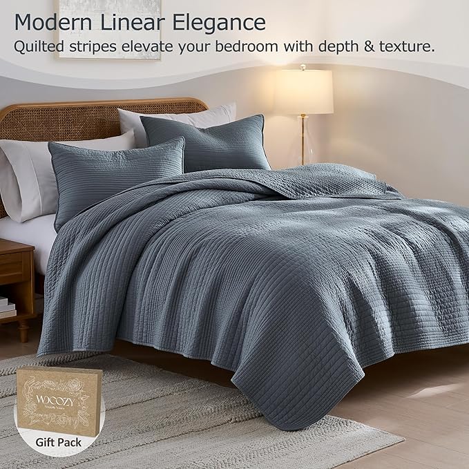 palassio Striped Blue Grey 100% Cotton Quilt Queen Size Bedding Sets, - Image 2