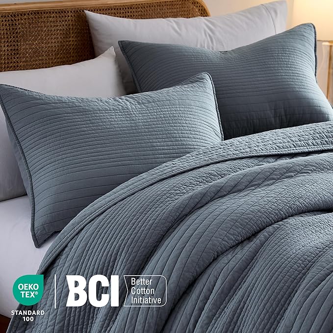 palassio Striped Blue Grey 100% Cotton Quilt Twin Size Bedding Sets, - Image 3