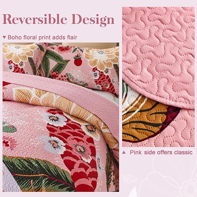 Tyrot 3 Piece Pink Boho Floral Californial King Quilt Sets Farmhouse Botanical - Image 3