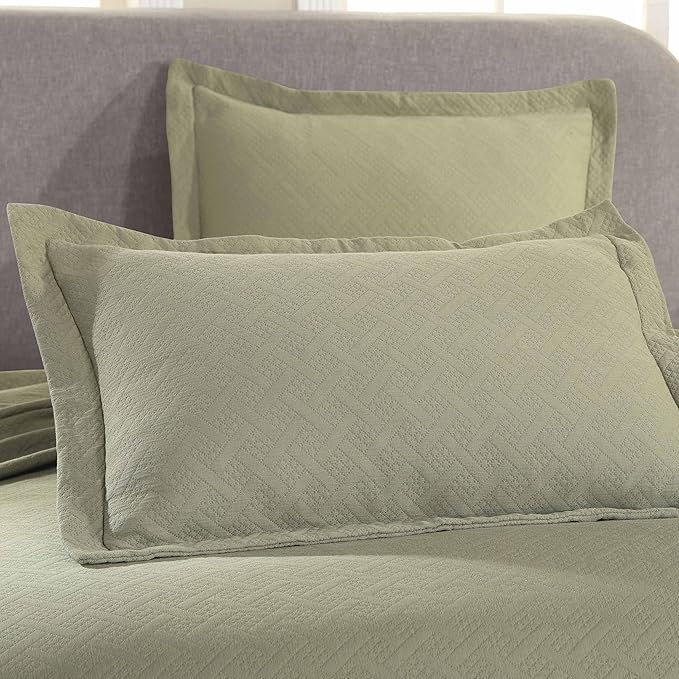 Superior 3 Piece Basketweave Cotton Bedspread Set, Home Bed Decor, Decorative Bed Spread, 2 Pillow Shams, Medium Weight Blanket, Matelasse Coverlet Bedding, Geometric Lattice Pattern, Queen, Sage