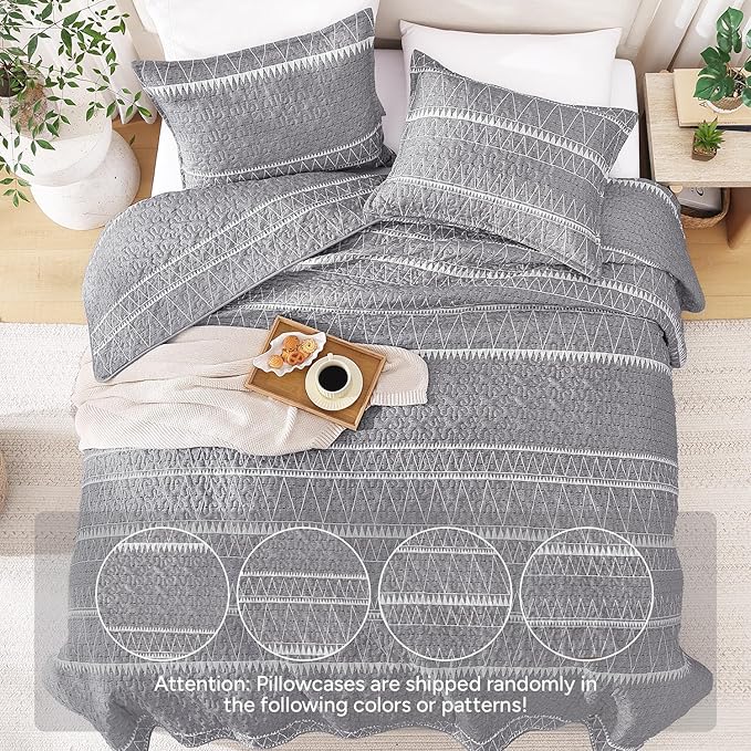 Andency Quilts Queen Size Grey, 3 Pieces Queen Quilt Bedding Set Boho - Image 3