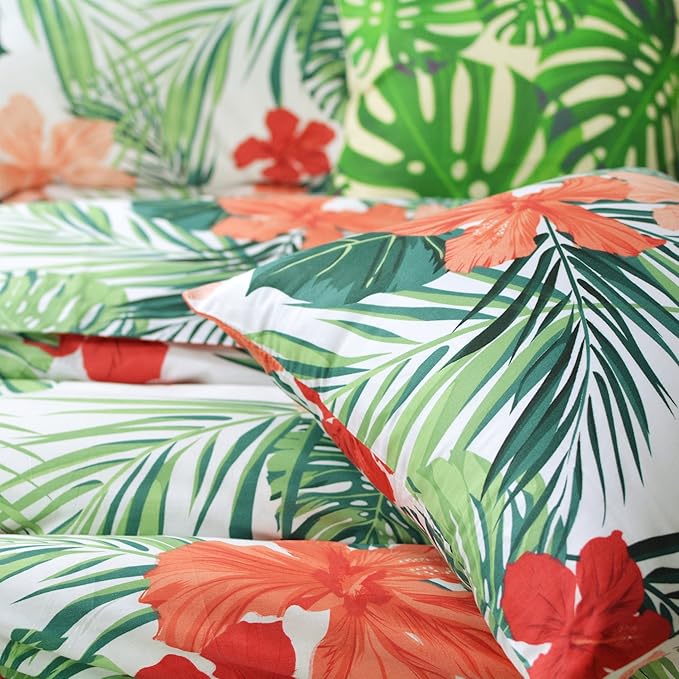 FADFAY Tropical Red Hibiscus Palm Leaves Duvet Cover Set Super Soft Summer - Image 8