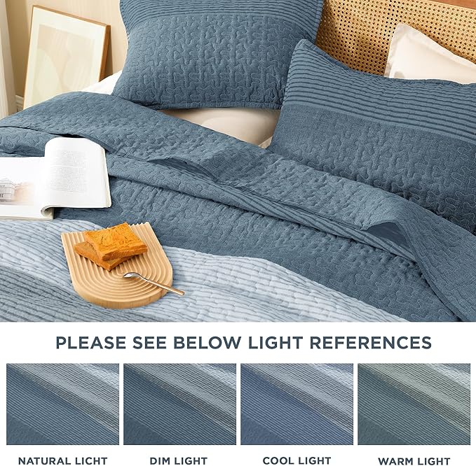 Litanika Quilt King Size Blue Linen, Stripe Patchwork Summer Bedspread Coverlet - Image 6