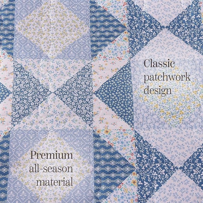 BLOOMHAVEN Quilt Set King Size, Patchwork Blue Marigold Floral Quilt Sets - Image 6