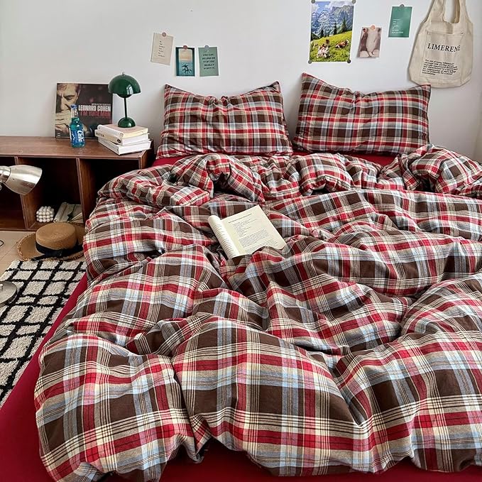 mixinni Vintage Red & Brown Buffalo Plaid Duvet Cover Set Queen Size - Image 7