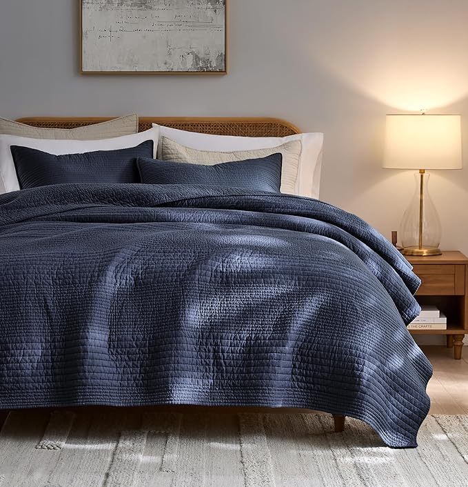 palassio Striped Navy Blue 100% Cotton Quilt King Size Bedding Sets, by PALASSIO