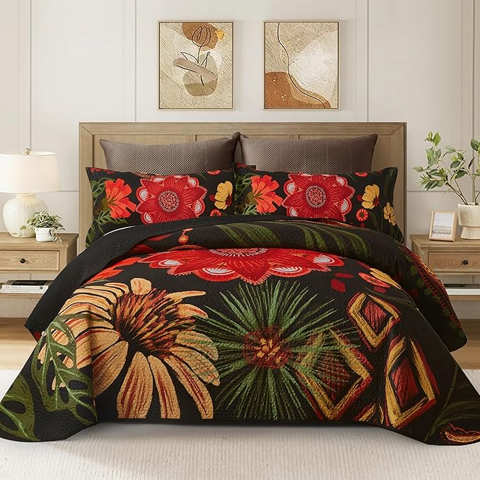 Tyrot 3 Piece Black Red Boho Floral Quilt Sets King Size Farmhouse Reversible by TyrotHomeDecor