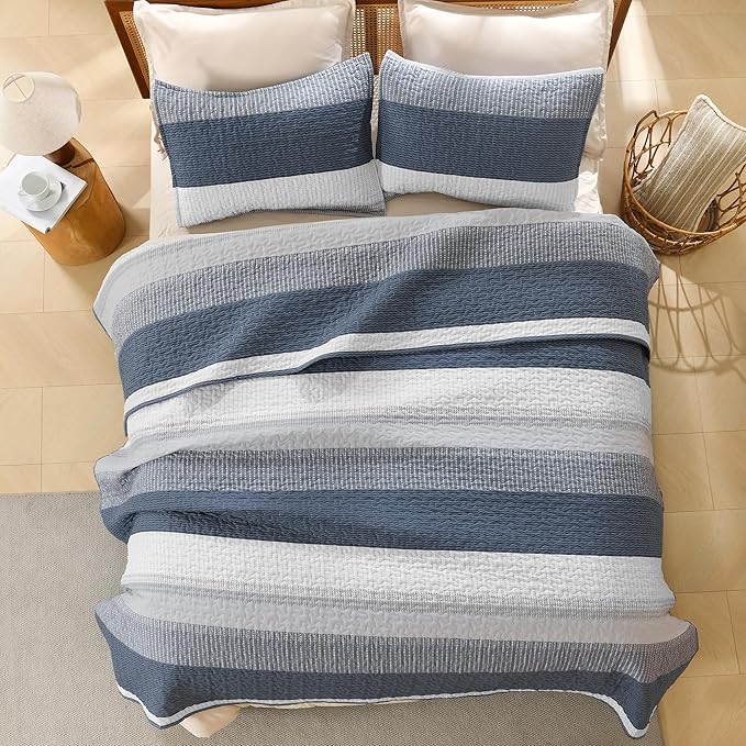 Litanika Queen Quilt Set Navy Blue, Stripe Patchwork Bedspread Coverlet 3 Pieces - Image 3