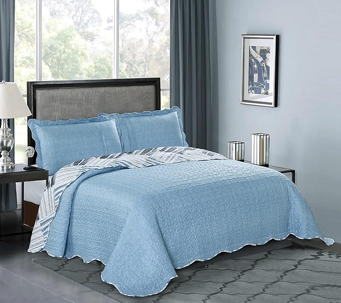 Brilliant Sunshine Blue and Grey Stripe Blocks Patchwork, 3-Piece Quilt Set - Image 2