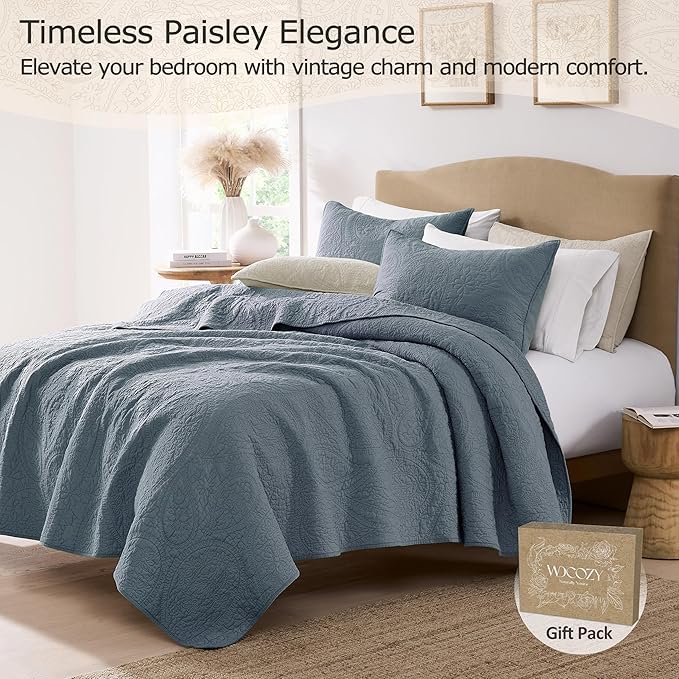 PALASSIO Dusty Blue Paisley 100% Cotton Quilt Queen Size Bedding Set - Image 2