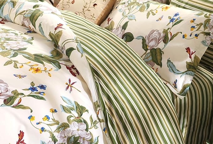 FADFAY Floral Duvet Cover Set 100% Cotton Green and Beige Striped Shabby Flower - Image 6