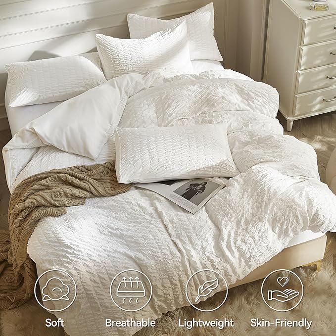 JELLYMONI White Duvet Cover Oversized Queen Size, Soft Breathable Seersucker - Image 2