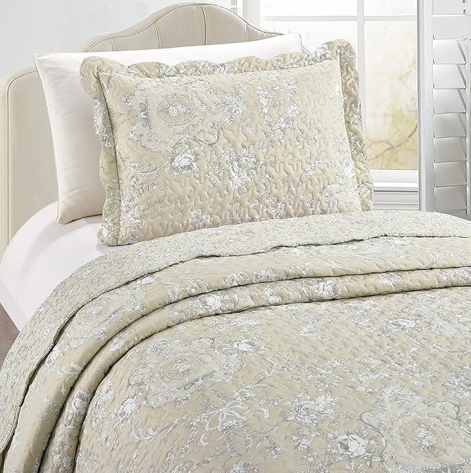 Brilliant Sunshine Classic Grey Floral Toile in Beige Background, 2-Piece Quilt - Image 3