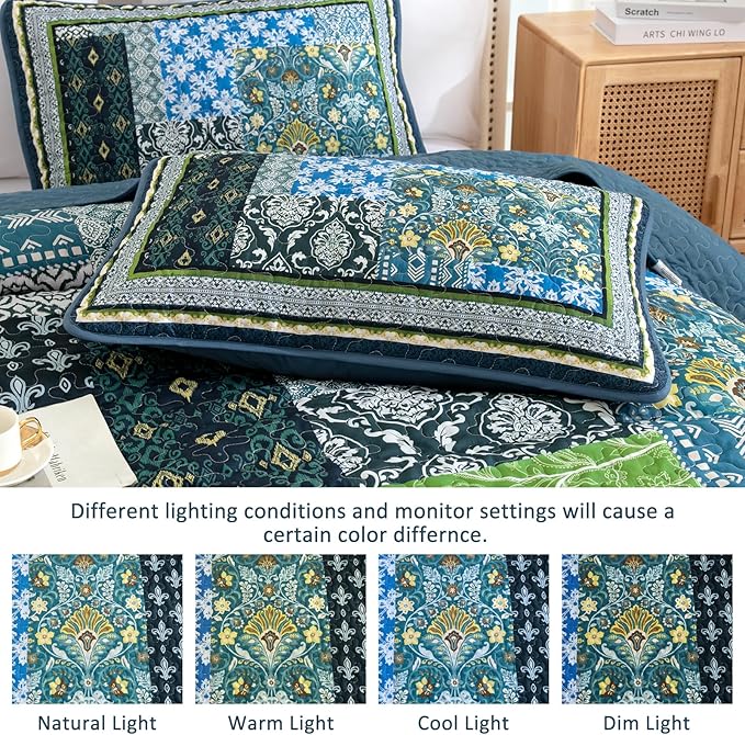 WONGS BEDDING Teal Quilt King Size, 3 Pieces Boho Patchwork Quilt Soft Coverlet - Image 6