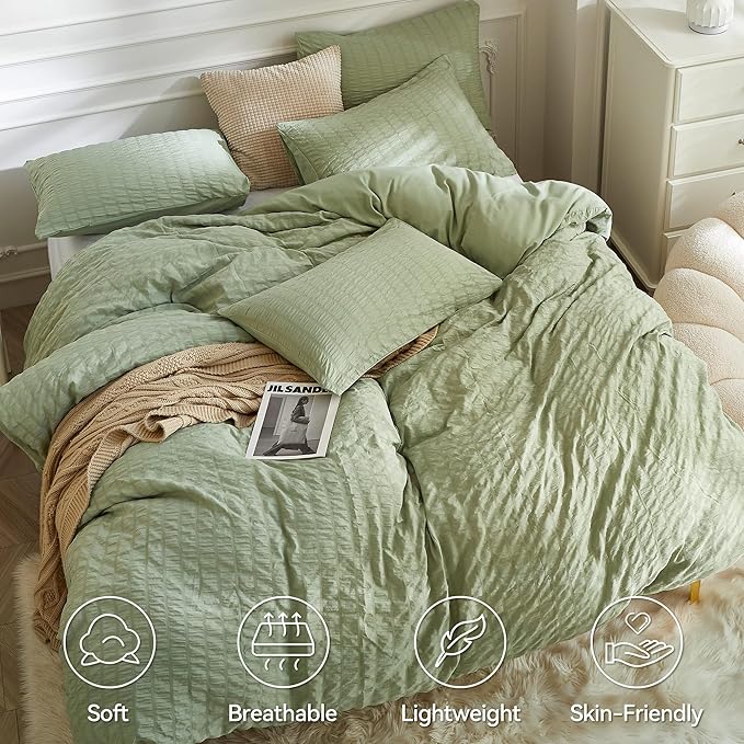 JELLYMONI Green Duvet Cover Oversized Queen Size, Soft Breathable Seersucker - Image 2