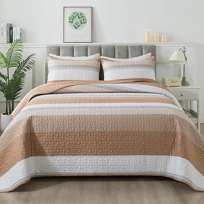 Andency Taupe Striped Quilt Set Cal King, 3 Pieces Patchwork Bedspread Coverlet - Image 9
