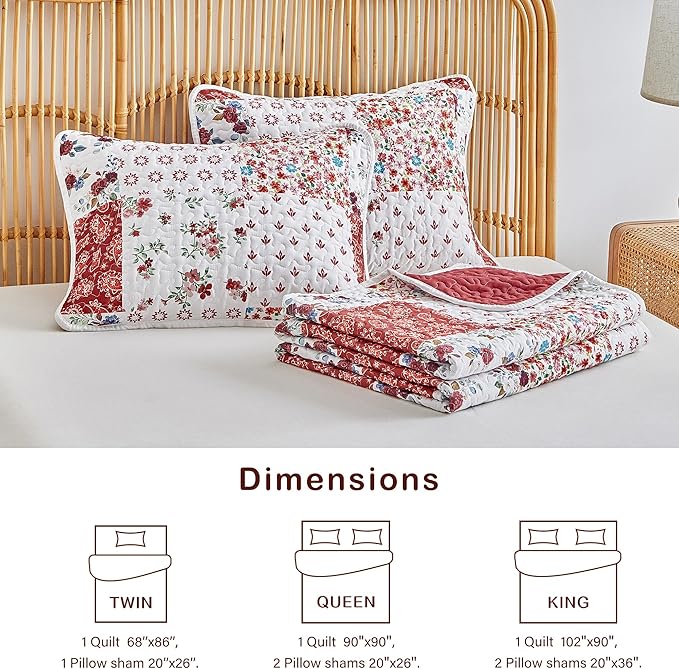 Joyreap 2 Pieces Floral Patchwork Quilt Set Twin, Burgundy Red n White Flowers - Image 6