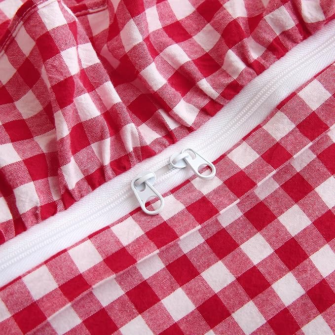 Silnuo Red/White Checkered Ruffle 3-Piece Duvet Cover Set King Size, Washed - Image 4