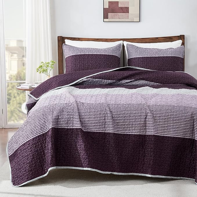 Andency Striped Quilt Set King, 3 Pieces Purple and Grey Striped Bedspread by Andency
