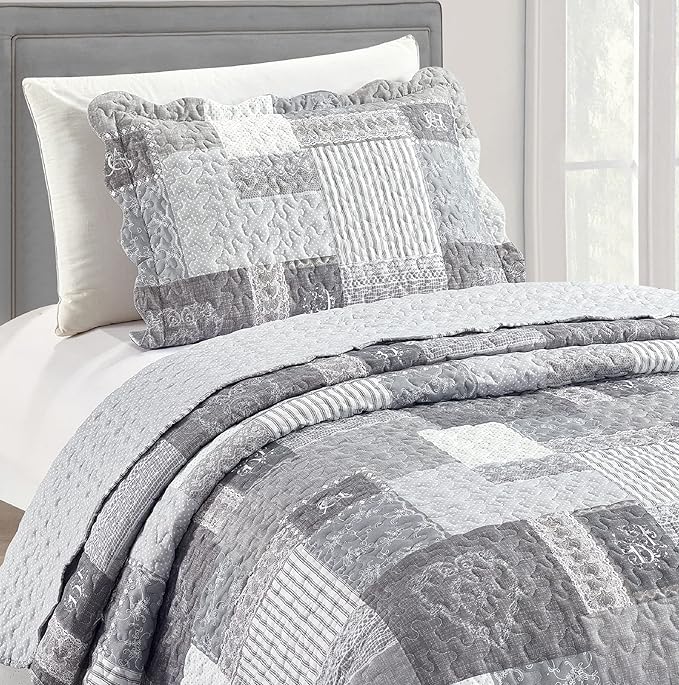 Brilliant Sunshine Grey Heart Love, Floral and Lace Patchwork, 2-Piece Quilt Set - Image 3