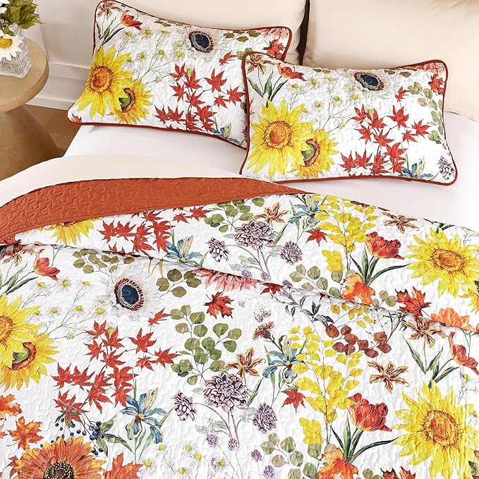 Yiran Fall Floral Quilt Set Queen Size, 3 Pieces Soft Lightweight Microfiber - Image 3
