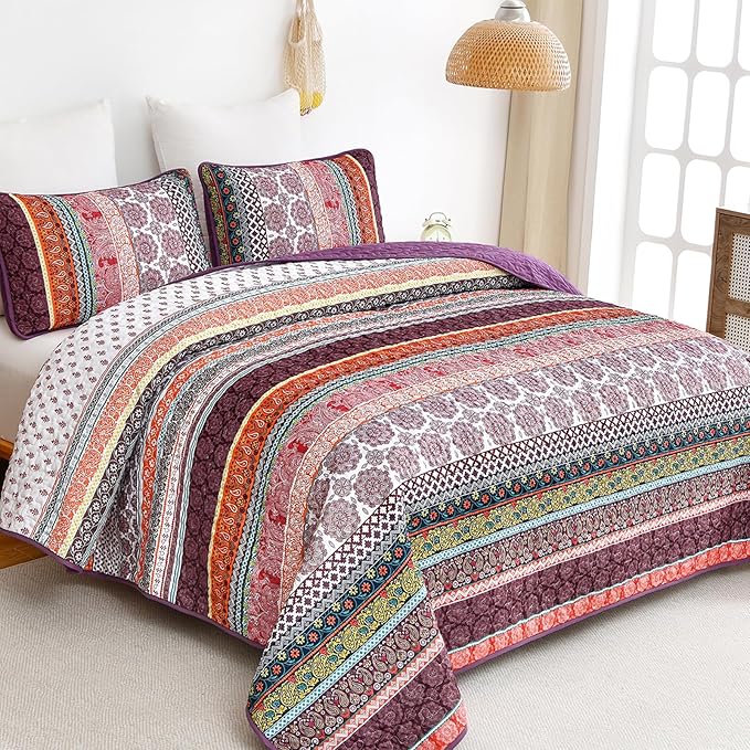 WONGS BEDDING Boho Quilt Set Queen Size, Lightweight Soft Microfiber Bedding Set - Image 2