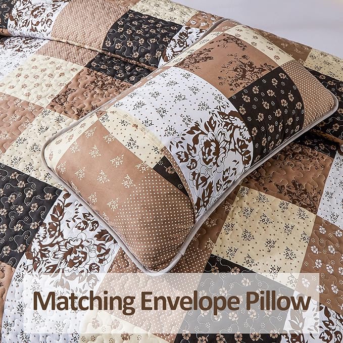 Mybedsoul Brown Patchwork Quilt Set California King Size, 3 Pieces Khaki Floral - Image 6