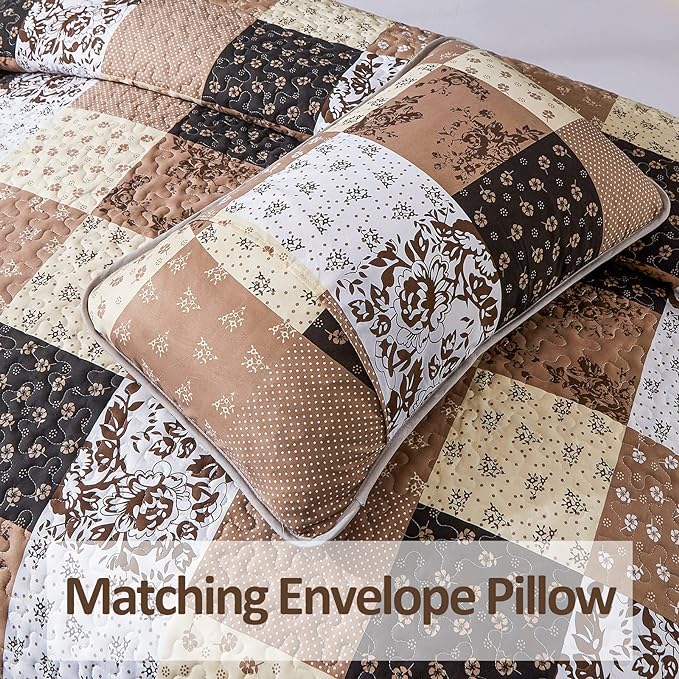 Mybedsoul Patchwork Quilt Set Queen Size, 3 Pieces Brown Floral Plaid Patchwork - Image 6