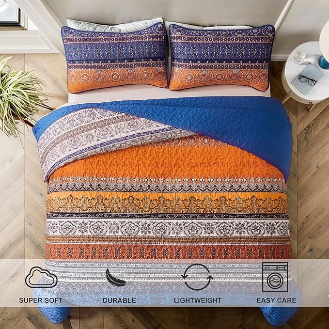 WONGS BEDDING Boho Fall Queen Quilt Set, Lightweight Microfiber Bed Decor - Image 3