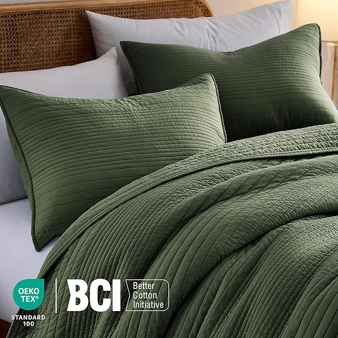 palassio Striped Olive Green 100% Cotton Quilt King Size Bedding Sets, - Image 3