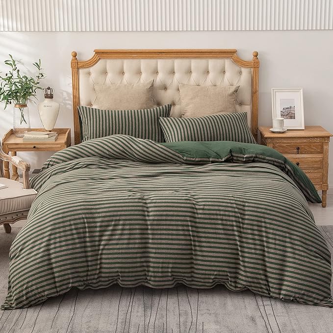 PURE ERA Forest Green Stripe Jersey Duvet Cover Set King Size 100% T-Shirt - Image 6