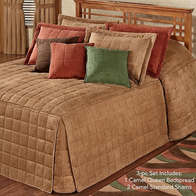 Touch of Class Camden Luxury Bedding | Neutral Camel Color | Grande Fitted Bedspread | Faux Suede Box Quilted Design | Designed 3 Piece Set Includes Queen Bedspread and 2 Standard Shams