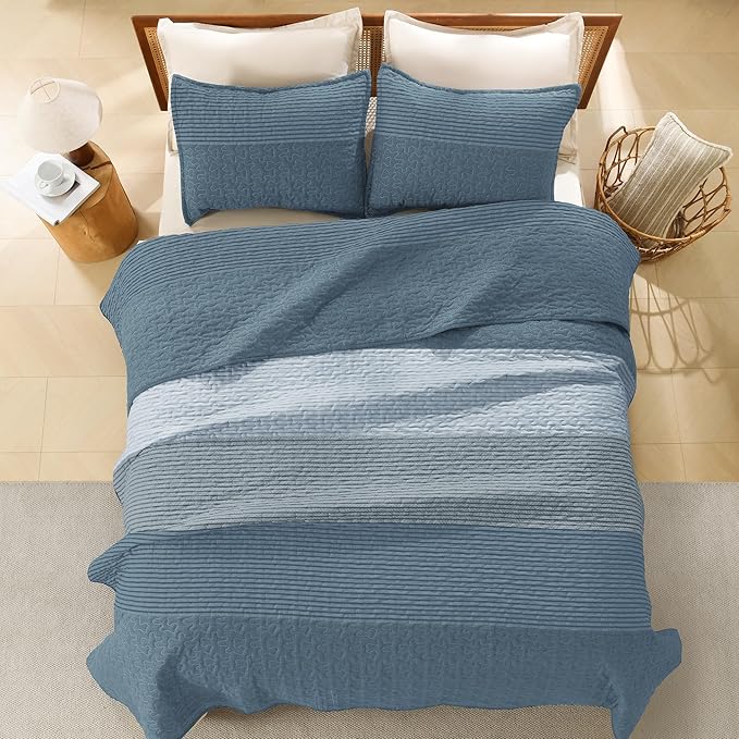 Litanika Quilt King Size Blue Linen, Stripe Patchwork Summer Bedspread Coverlet - Image 3