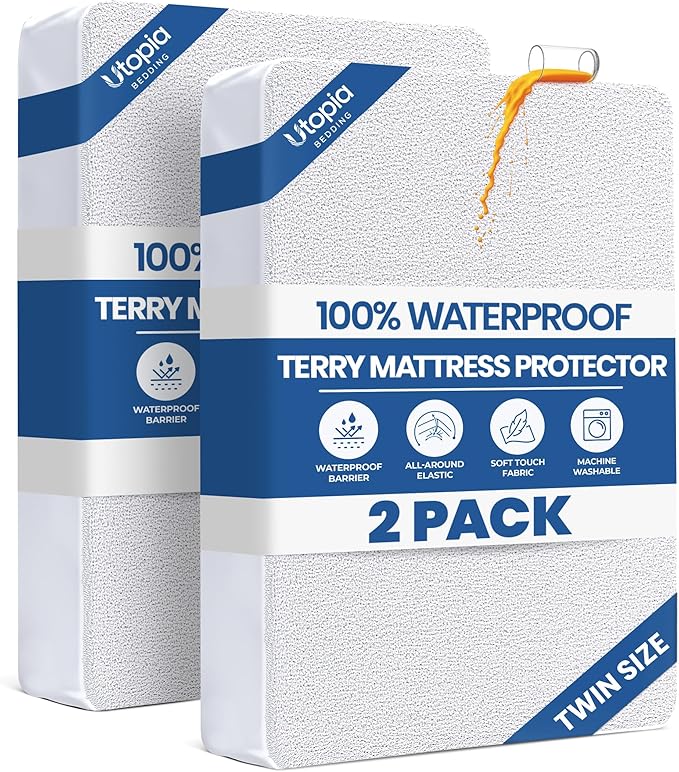 Twin Size Mattress Protector Waterproof 2 Pack, Premium 200 GSM Terry Mattress by UTOPIABEDDING