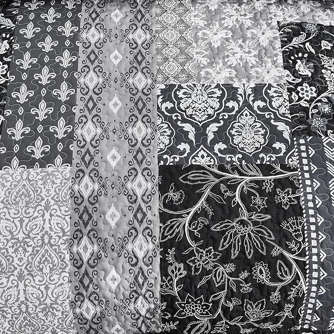 WONGS BEDDING Black Quilt Set King Size, 3 Pieces Boho Patchwork Bedspread - Image 7