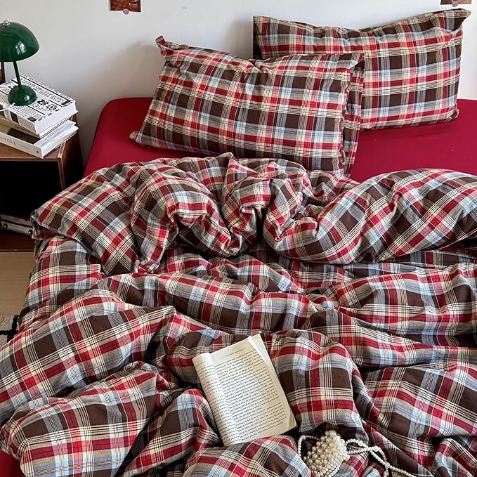 mixinni Vintage Red & Brown Buffalo Plaid Duvet Cover Set Twin Size by mixinni