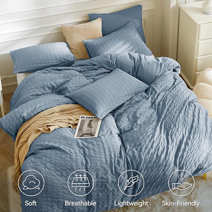 JELLYMONI Sierra Blue Duvet Cover Twin Size, Soft Breathable Seersucker Duvet - Image 2