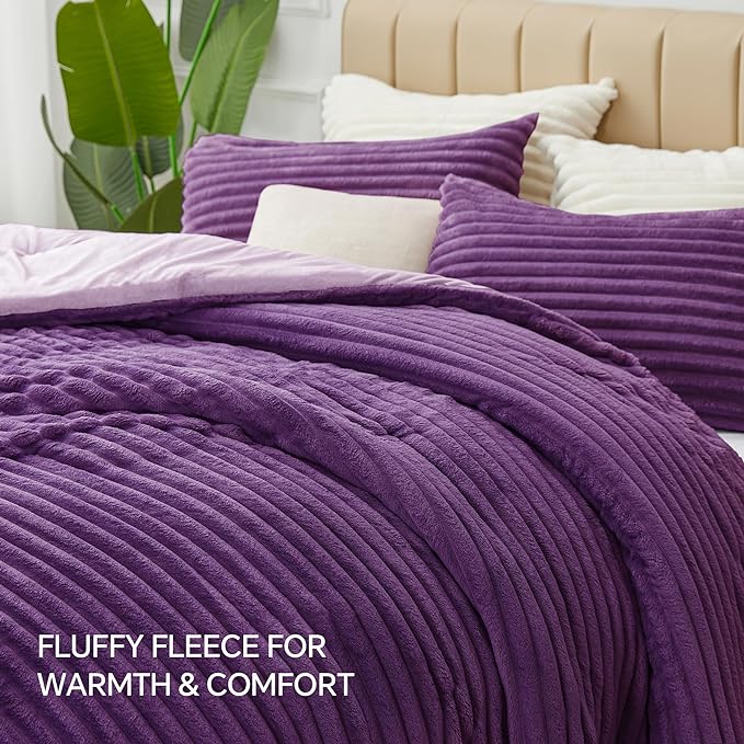 BEDELITE Fleece King Comforter Set -Super Soft & Warm Fluffy Purple Bedding - Image 6