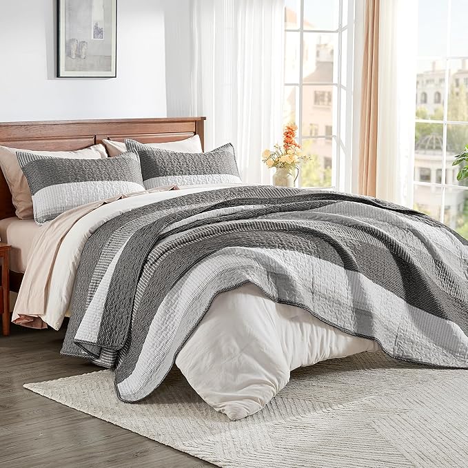 Andency Oversized King Quilt Bedding Set, 120x98Inch Dark Grey Stripe Super - Image 6