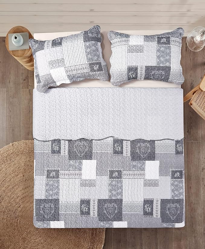 Brilliant Sunshine Grey Heart Love, Floral and Lace Patchwork, 3-Piece Quilt Set - Image 4