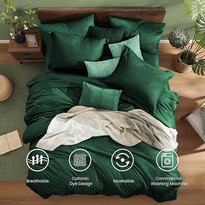 Monbix King Size Comforter Set, Emerald Green King Bedding Set Reversible - Image 2