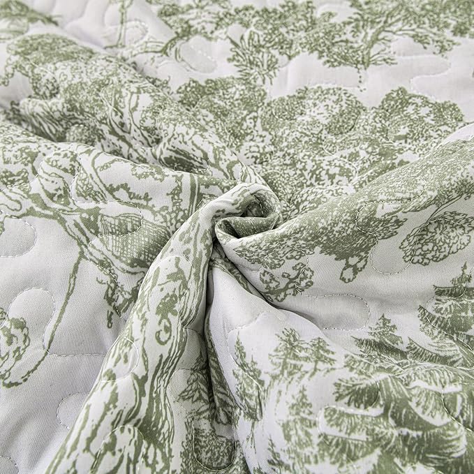 WONGS BEDDING Botanical Quilt Set King, Sage Green 3 Pieces Toile Floral Plants - Image 7