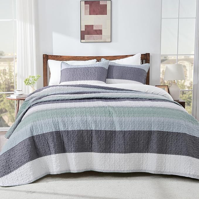 Andency Oversized King Quilt Set Sage Green, 128x120 Stripe Bedspread Coverlet - Image 8