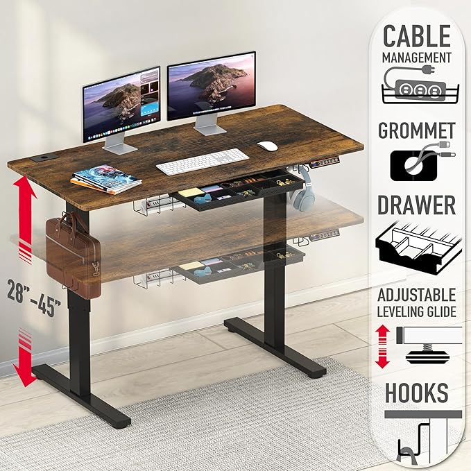 SHW 48-Inch Electric Height Adjustable Standing Desk with Drawer, Memory Preset and Cable Management Tray, Rustic Brown-DeskoryOffice