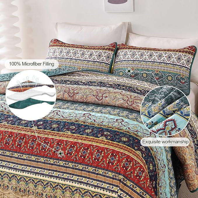 WONGS BEDDING Boho Quilt Set California King, Lightweight Microfiber Bedspread - Image 5