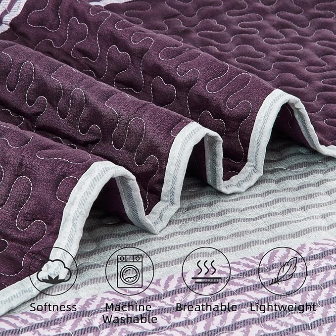 Andency Stripe Quilt Set Queen, 3 Pieces Purple and Grey Patchwork Bedspread - Image 5