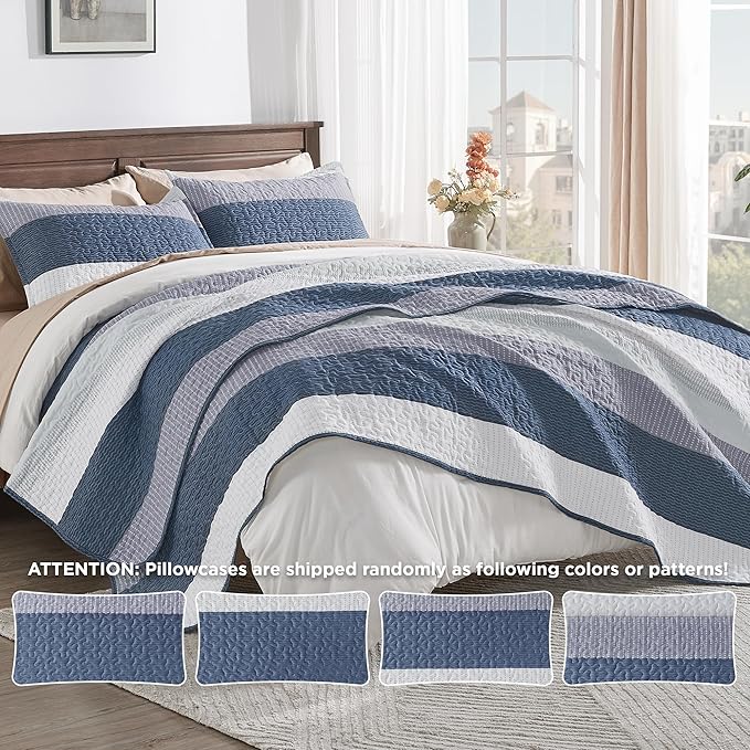 Andency Oversized King Quilt Bedding Set, 120x98Inch Mineral Blue Stripe - Image 5