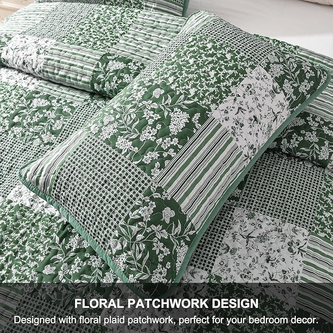 Mybedsoul Green Boho Queen Quilt Set, 3-Piece Reversible Soft Plaid Floral - Image 7